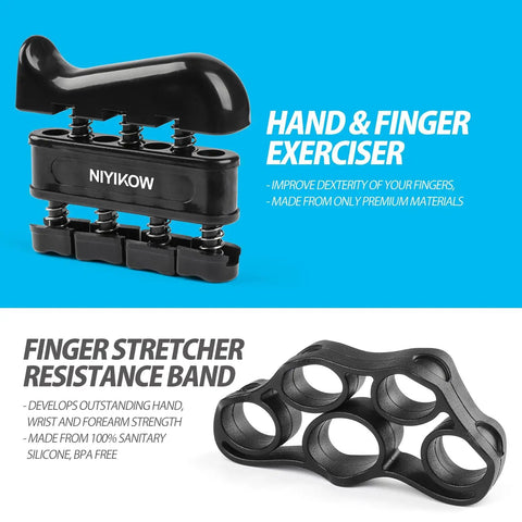 Adjustable Counting Grip Strengthener Kit 5 Pack With Forearm Strengthener Finger Trainer Finger Exerciser Grip Ring And Grip Ball Black For Rock Climbers Guitarists Drummers Wrestlers And Everyday Athletes shown with hand and finger exerciser and finger stretcher resistance band.