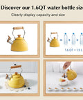 Yellow 1.6 Quart Tea Kettle With Cool Touch Wooden Handle Food Grade Stainless Steel Stovetop Teapot Whistling Kettle shown in various views.