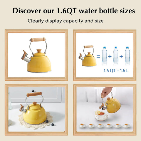 Yellow 1.6 Quart Tea Kettle With Cool Touch Wooden Handle Food Grade Stainless Steel Stovetop Teapot Whistling Kettle shown in various views.