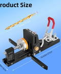 Pocket Hole Jig Kit Second Generation Upgrade for Woodworking Projects with size dimensions and drill bit, gray steel jig.