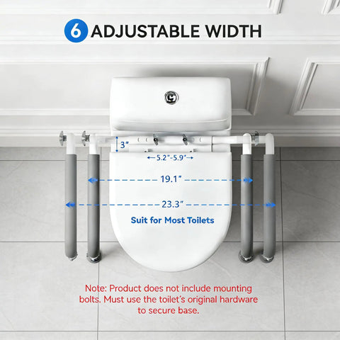 Adjustable Toilet Safety Rails For Seniors With Locking Mounts To Seat Holes for various toilet sizes, showing dimensions for secure fit.