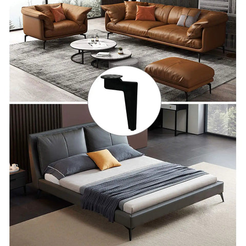 Spruce Up Your Place With Heavy Duty Furniture Legs For Couches And Tv Stands, Rust Resistant Black Iron Base With Premium Gold Trim, Built Solid For Real Life Use, Includes All Mounting Hardware, showing black iron leg under couch.