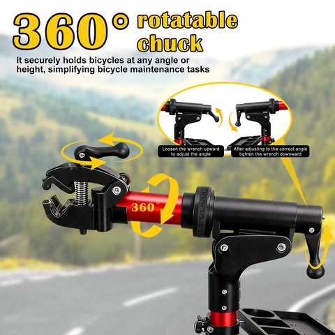 Close-up of 360° rotatable chuck on Heavy Duty E Bike Repair Stand With 110 Lbs Capacity, foldable aluminum work stand, red.