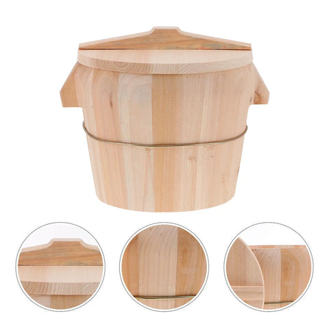 Sweet Wooden Rice Container Bucket With Sturdy Side Handle, natural wood with lid, ideal for steaming fragrant rice.