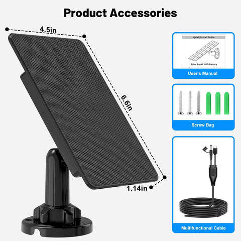 Heavy Duty Solar Panel For Trail Cameras With Built In 5000MaH Rechargeable Battery Solar Charging Kit shown with dimensions and accessories.