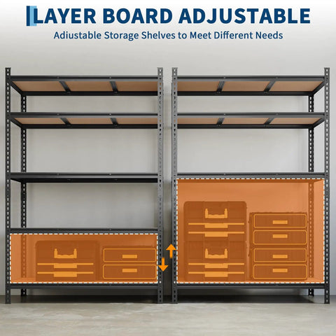 Heavy Duty 5 Tier Metal Shelving Rack Rock Solid Garage Storage Rig With Reinforced Steel Frame Built Tough For Heavy Tools Equipment And Shop Organization with adjustable layers.