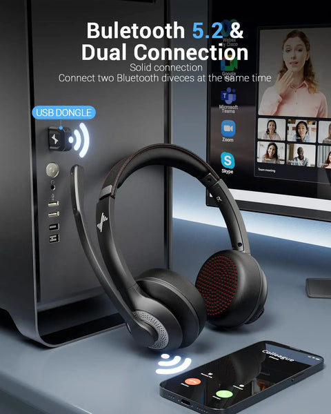 Wireless Headset With Mic For Work Calls, Bluetooth 5.2 Headphones, AI Noise Cancelling Microphone, USB Dongle displayed near PC