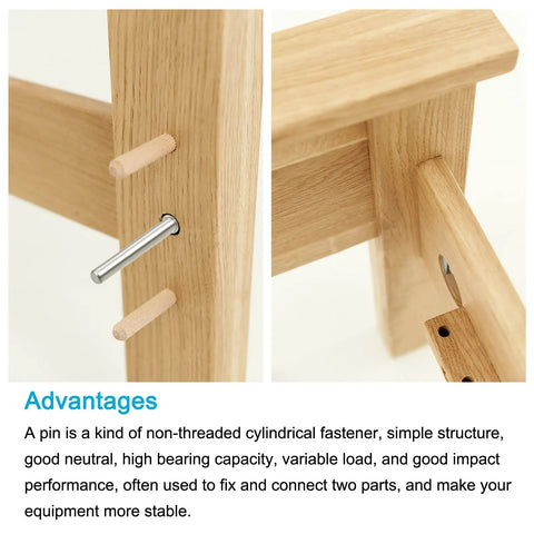 50 Piece Dowel Pin Assortment with 2 5Mm X 10Mm Measurements Made from Tough 304 Stainless Steel shown in wood furniture connection.