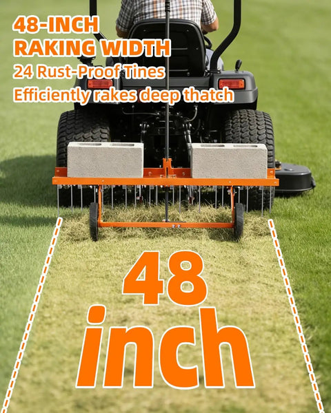 Rear view of 48 Inch Tow Behind Dethatcher For Lawns, Heavy-Duty Rake With 24 Rust-Proof Tines attached to a lawn tractor