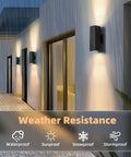 Badass Matte Black Led Wall Sconces For Front Porch And Backyard Modern Up Down Exterior Fixture installed outdoors in rain.