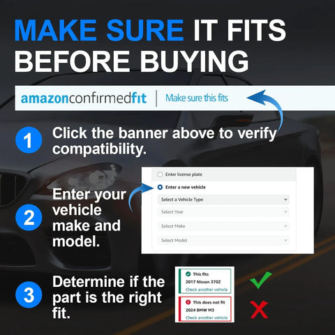 Screenshot of Amazon Confirmed Fit feature for vehicle compatibility check, ensuring parts fit for Audi A4 and A4 Quattro B6 B7.