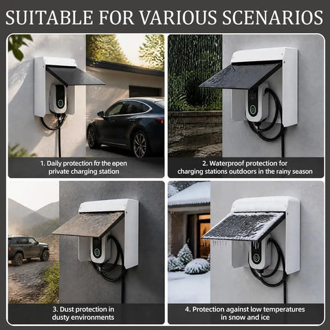 Hella Durable Universal Outdoor EV Charger Cover With All Season Weatherproof Magnetic Protector For Electric Vehicle Plug In Rain Snow Weather Housing Guard in various weather protection scenarios.
