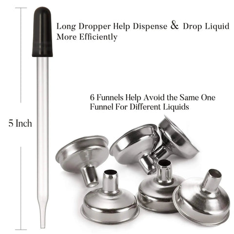 Super Durable 24 Pack 1 Oz Amber Glass Eye Dropper Bottles With Stainless Funnels And Label Sheets, 5-inch dropper and six metal funnels.