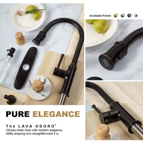 Oil Rubbed Bronze Pull Down Kitchen Faucet With Sprayer, Sleek Single Handle Design, Fits 1 Or 3 Hole Sinks, Deck Plate Included, 17 Inch Tall Under Cabinet Friendly, Modern Bronze Faucet For Your Kitchen Sink KF421-ORB shown from multiple angles with accessories.