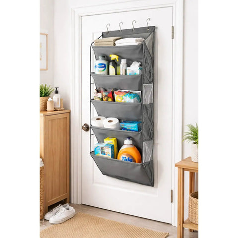 Heavy Duty Over The Door Shoe Organizer Multi Pocket Space Saving Closet Hanger For Sneakers Slippers Socks Sturdy Fabric Storage Rack No Drill Installation mounted on door with cleaning supplies.