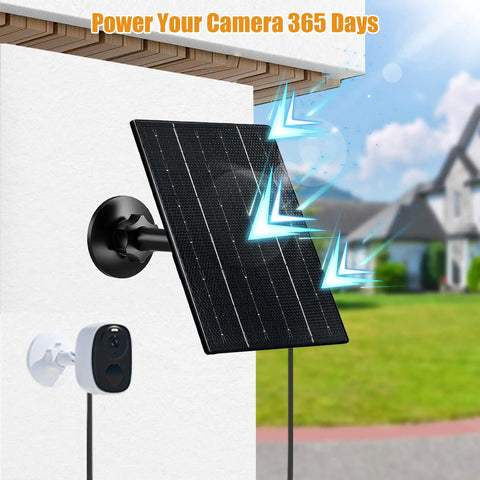 Slick 4W Solar Panel For Outdoor Security Cameras With Usb C And Micro Usb Inputs Two Pack Black mounted on wall, providing energy.