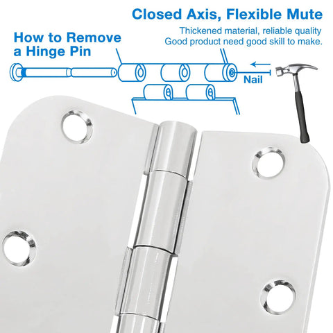 Close-up of a polished chrome door hinge showing hinge pin removal instructions, part of 12 Pack 3.5 Inch Door Hinges With Rounded Ends And Polished Chrome Finish Includes 72 Long Mounting Screws For A Smooth As Butter 270 Degree Swing And No Sweat Quick Setup For Interior Doors.
