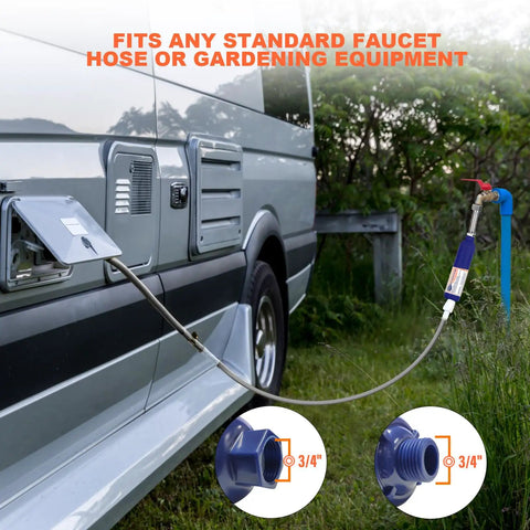 Heavy Duty Inline Water Filter Removes Chlorine And Strange Flavors With Five Layer Filtration installed on camper with 3/4" fittings.