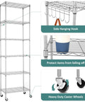 Premium Heavy Lifter 2 Pack 6 Tier Wire Shelving Units With Easy Roll Casters And Rust Free Hooks For No Sweat Home And Garage Organization Flexible Rack Setup with heavy duty wheels and side hooks.