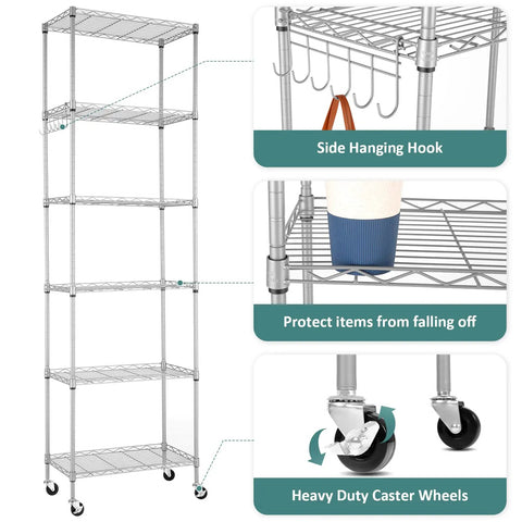 Premium Heavy Lifter 2 Pack 6 Tier Wire Shelving Units With Easy Roll Casters And Rust Free Hooks For No Sweat Home And Garage Organization Flexible Rack Setup with heavy duty wheels and side hooks.