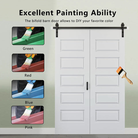 Ninety Six Inch By Eighty Four Inch Five Panel Folding Barn Door Kit with painting options in green, red, blue, and pink.