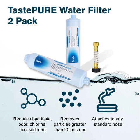 2 Pack RV Inline Water Filter And Hose Protector Kit For Camper Boat Rig NSF Certified To Crush Chlorine Sediment Nasty Smells Boost Flow.