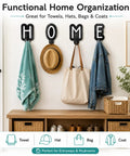 Hella Slick Personalized Wooden Wall Hook With Custom Letter Design For Super Kickass Towel Organization In Your Bathroom Bedroom Or Entryway Plus Fresh White Finish, displaying hooks with towels and bags.