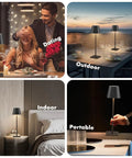 Two Pack LED Cordless Table Lamps With Rechargeable 5500mAh Battery shown in dining, outdoor, bedroom, and portable settings