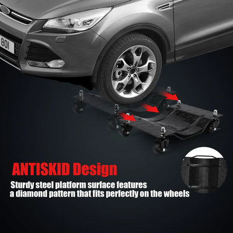 Heavy Duty Car Dolly 4 Pack With Locking Wheels And Reinforced Steel Deck 6000 Lbs Capacity Auto Mover Kit For Garage Crews No Sweat Setup That Makes Rolling Heavy Rides Totally Effortless Now with vehicle tire on sturdy steel platform.