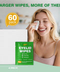 Front view of green 60-pack eyelid wipes package with tea tree and chamomile; white wipe beside it, woman applying wipe