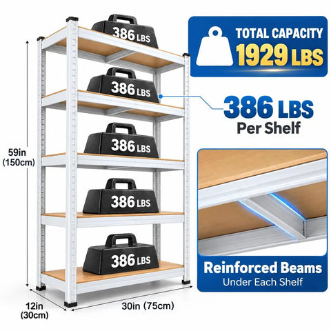 Top Shelf Heavy Duty Storage Shelves, Super Adjustable Boltless Metal Garage Rack With Thick MDF Boards And Badass 1900 Lb Capacity For Workshop Or Office, showing 5-tier design and weight capacity.