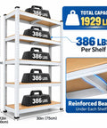 Built Tough 5 Tier Heavy Duty Metal Shelving Rack With Thick Mdf Boards Boltless Garage Storage Unit For Basement Or Pantry Handles 1929 Pounds No Sweat Assembly 30X12X59 White showing capacity and dimensions.