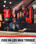 Person using V20 Cordless 1 Quarter Inch Impact Driver Bare Tool Only With Brushless Motor for driving a screw into wood.