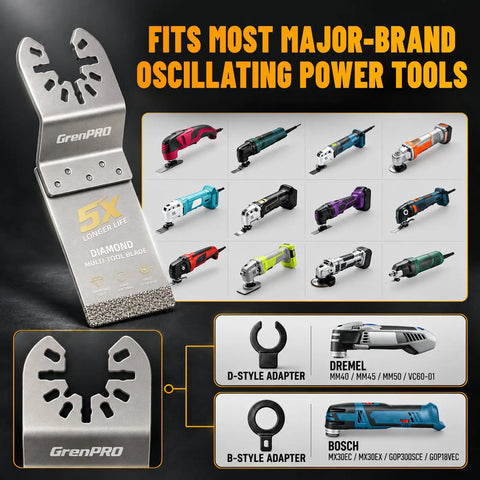 Heavy Duty Diamond Oscillating Saw Blades 4 Pack fits most oscillating tools with D-style and B-style adapters.