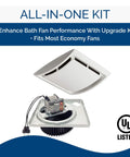 Bathroom Ventilation Grille Upgrade QuickKit With 60 CFM Fan Motor shown with white grille and motor components.