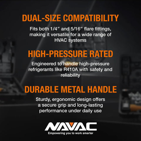 Valve Core Removal Tool For HVAC Quick Recovery And Evacuation, Dual Size Fittings One Quarter Inch And Five Sixteenths Inch In One Tool, R-410A Vacuum Rated To Twenty Microns, Durable Metal Handle, text display of features.
