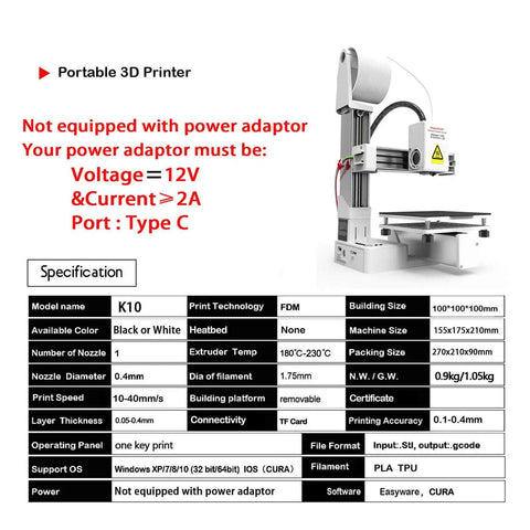 Mini 3D Printer for Beginners, Fully Assembled Desktop Printing Machine With High Precision 0.05mm Layer Resolution, power specs shown