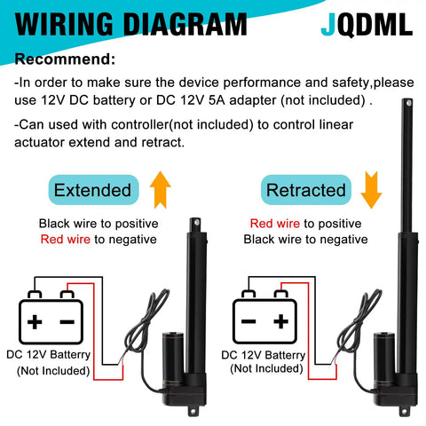 Wiring diagram for Beefed Up 16 Inch 12V Linear Actuator with extend and retract instructions.