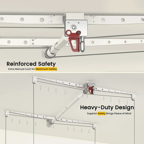 No Sweat Overhead Garage Storage Rack Straight Up Heavy Duty Ladder Free Ceiling Lift Tray ceiling safety latch design close-up.