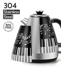 Electric Kettle With Piano And Musical Notes Design 1.7 Liter Stainless Steel Interior 1200 Watt Fast Boil For Tea And Coffee