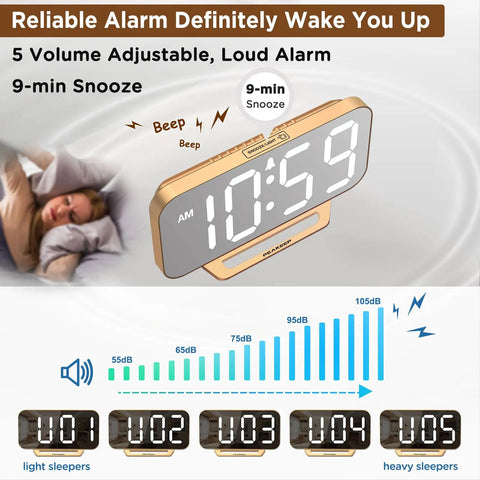 Slim Digital Mirror Alarm Clock With Gold Finish Dope LED Display showing large numbers and volume control levels.