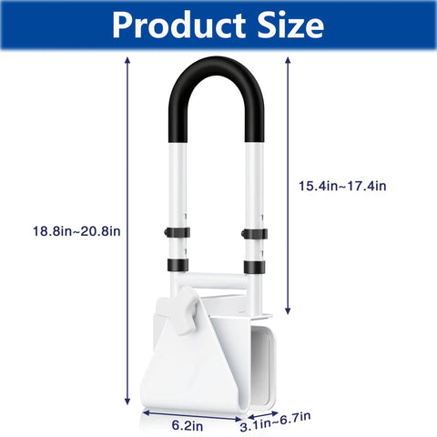 Rock Solid Adjustable Bathtub Safety Rail And Grab Bar Handle With Non Skid Grip dimensions showing 18.8in to 20.8in height for seniors.