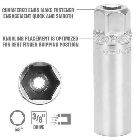 Magnetic Five Eighths Spark Plug Socket For Three Eighths Inch Drive Engine Tune Up Tool with chamfered ends and knurling