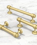 Real Deal 5 Inch Brushed Gold Cabinet Pulls And 10 Pack Drawer Handles For Kitchen Refresh Solid Metal Cupboard Knobs, three angles showcasing brushed gold design.