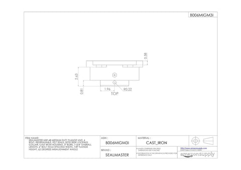 Technical drawing of Beefy 3 Inch Bore 4 Bolt Flange Mount Ball Bearing With Cast Iron Housing And Felt Labyrinth Seals.