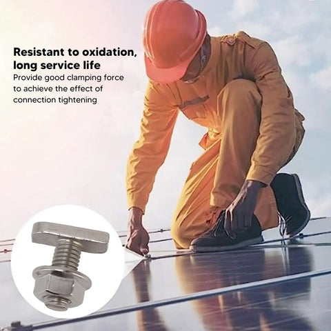 Top Shelf Hammer Head Screws M8 With Nuts Full Thread Stainless Steel Solar Panel Mounting Hardware Built Tough For Rooftop Gigs and Heavy Duty Exterior Projects, worker installing solar panel.