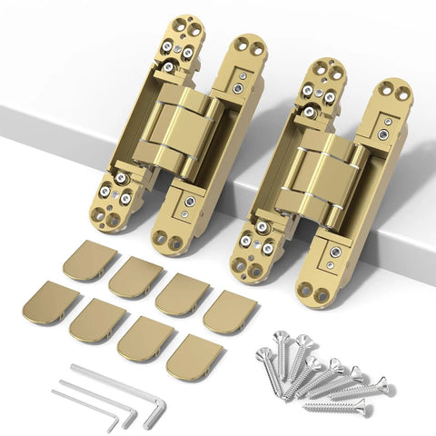Heavy Duty Hidden Door Hinges 2 Pack Gold Finish Secret Wall Hardware 6 Inch with mounting screws and caps.