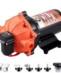 12V RV Fresh Water Pump That Delivers 7 GPM At 75 PSI Self Priming Diaphragm With Pressure Switch And Filter displayed with accessories
