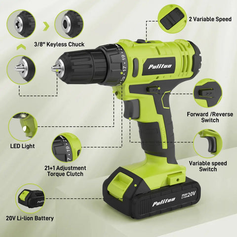 Rock Solid Go Getter 20V Cordless Drill Driver showcasing key features like 3/8" keyless chuck, LED light, and dual speeds.