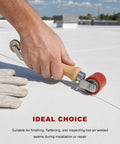 Top Shelf 2 In 1 Seam Roller Kit Featuring A Smooth 40Mm Silicone Roller And Slick 6Mm Brass Penny Wheel For Rock Solid PVC TPO EPDM single ply roofing vinyl tarp sealing no sweat, a hand using the silicone roller.